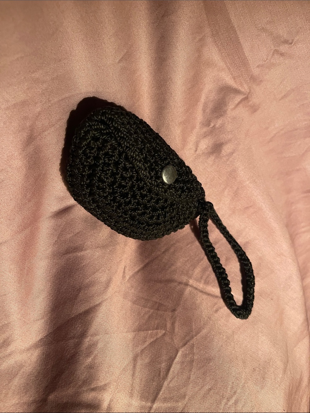 Versatile Black Crochet Wristlet Pouch for coins, folded currency AND AirPod.